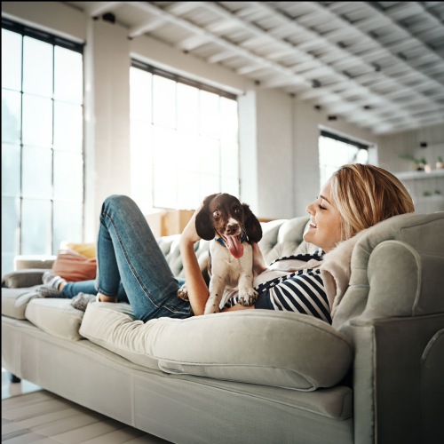 woman lies on a couch and pets her dog